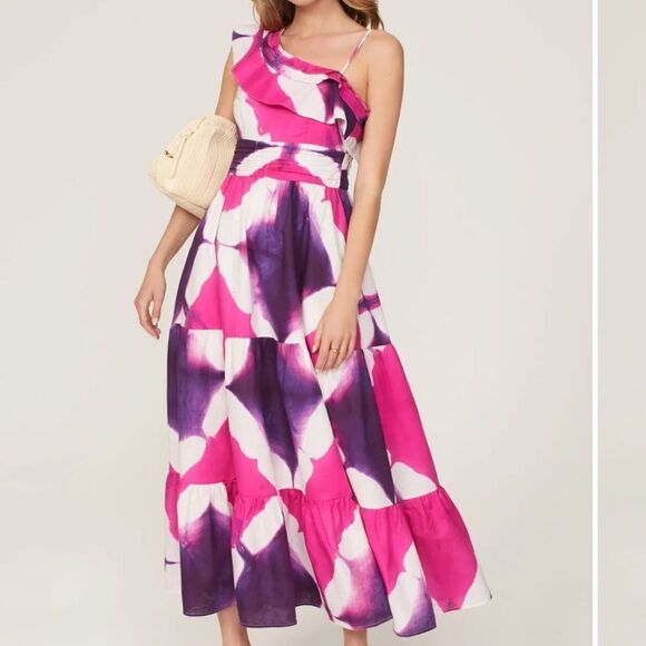 Busayo Collective Purple and Pink Tie Dye Ruffle One-Shoulder Midi Dress | 6 - Picture 1 of 12
